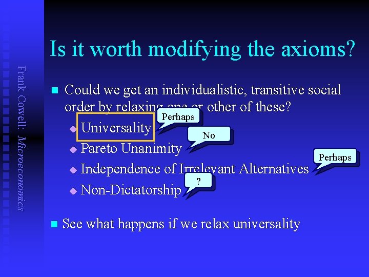 Is it worth modifying the axioms? Frank Cowell: Microeconomics n Could we get an