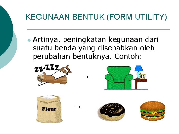 KEGUNAAN BENTUK (FORM UTILITY) l Artinya, peningkatan kegunaan dari suatu benda yang disebabkan oleh