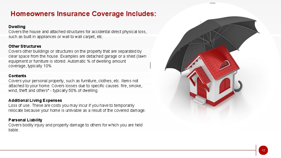 Homeowners Insurance Coverage Includes: Dwelling Covers the house and attached structures for accidental direct