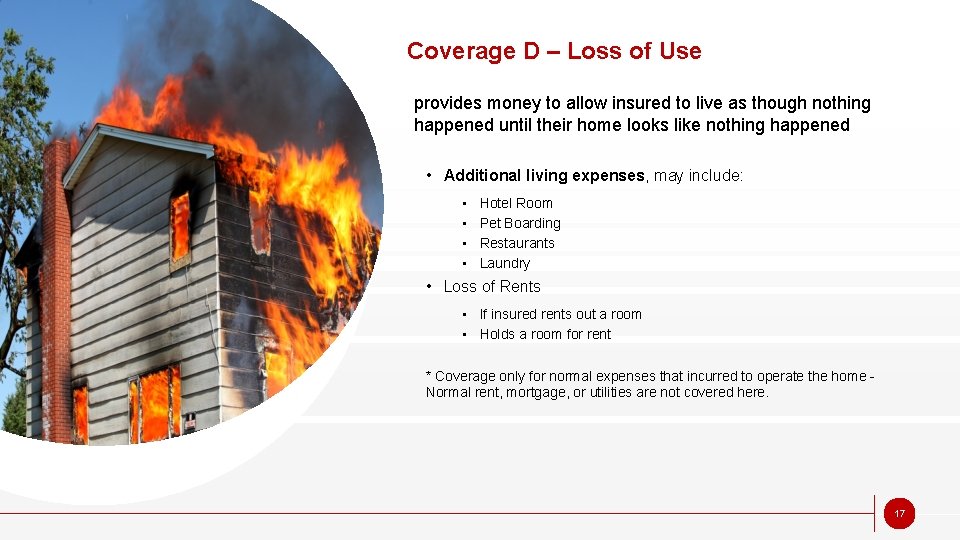 Coverage D – Loss of Use provides money to allow insured to live as