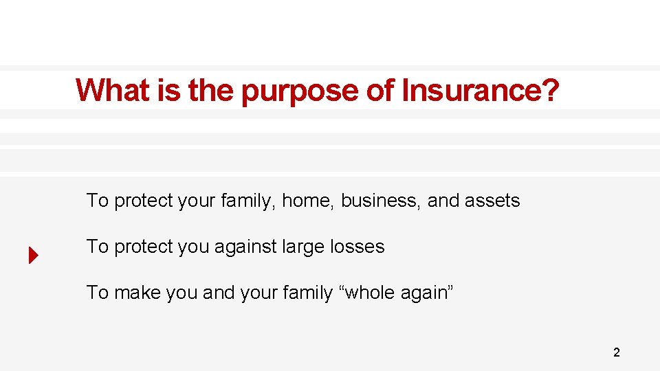 What is the purpose of Insurance? To protect your family, home, business, and assets