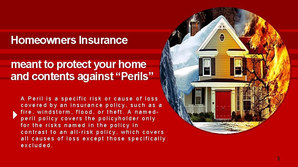 Homeowners Insurance meant to protect your home and contents against “Perils” A Peril is