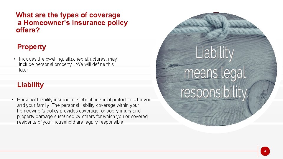 What are the types of coverage a Homeowner’s insurance policy offers? Property • Includes