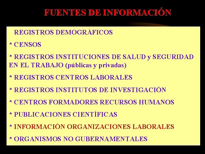 FUENTES DE INFORMACIÓN * REGISTROS DEMOGRÁFICOS * CENSOS * REGISTROS INSTITUCIONES DE SALUD y