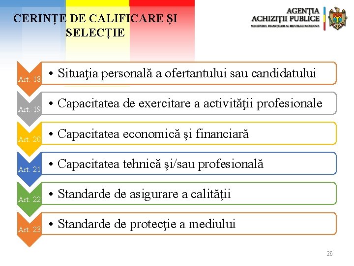 CERINȚE DE CALIFICARE ȘI SELECȚIE Art. 18 • Situaţia personală a ofertantului sau candidatului CERINȚE DE CALIFICARE ȘI SELECȚIE Art. 18 • Situaţia personală a ofertantului sau candidatului