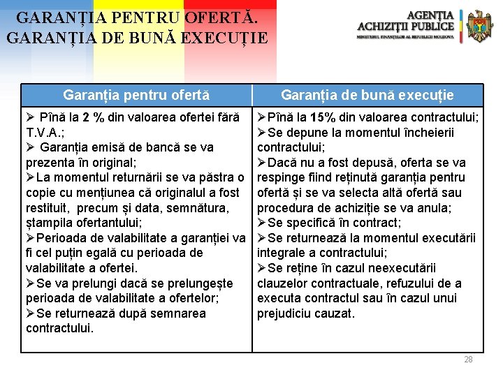 GARANȚIA PENTRU OFERTĂ. GARANȚIA DE BUNĂ EXECUȚIE Garanția pentru ofertă Garanția de bună execuție