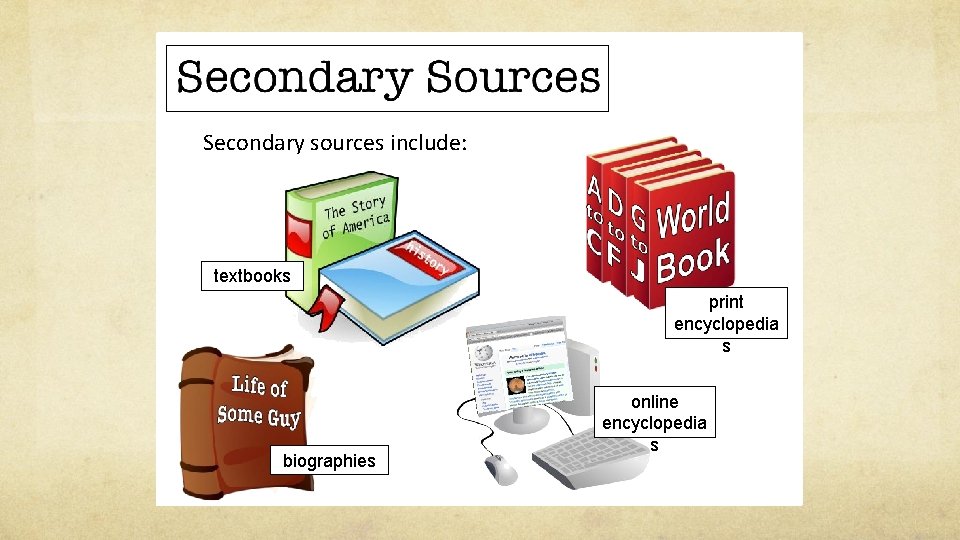 Secondary sources include: textbooks print encyclopedia s biographies online encyclopedia s 