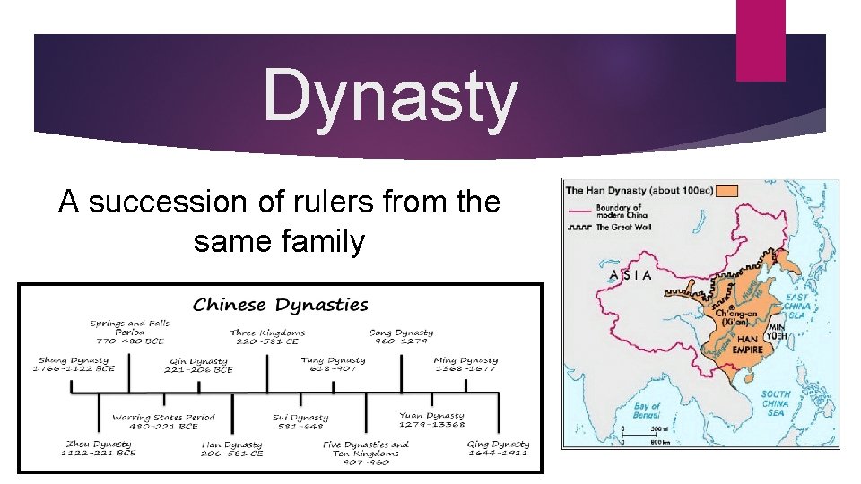 Dynasty A succession of rulers from the same family 