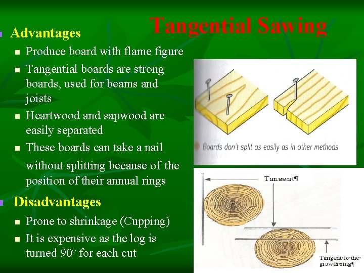 n n Advantages n n Tangential Sawing Produce board with flame figure Tangential boards