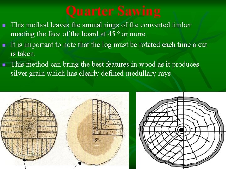 Quarter Sawing n n n This method leaves the annual rings of the converted