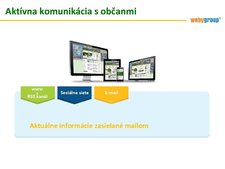 Aktívna komunikácia s občanmi www + RSS kanál Sociálne siete E-mail Aktuálne informácie zasielané