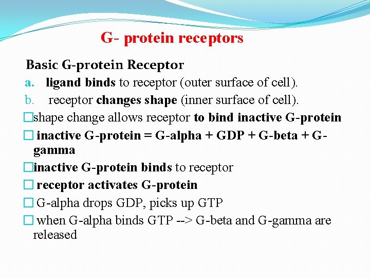 G- protein receptors Basic G-protein Receptor a. ligand binds to receptor (outer surface of