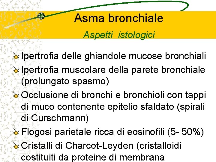 Asma bronchiale Aspetti istologici Ipertrofia delle ghiandole mucose bronchiali Ipertrofia muscolare della parete bronchiale