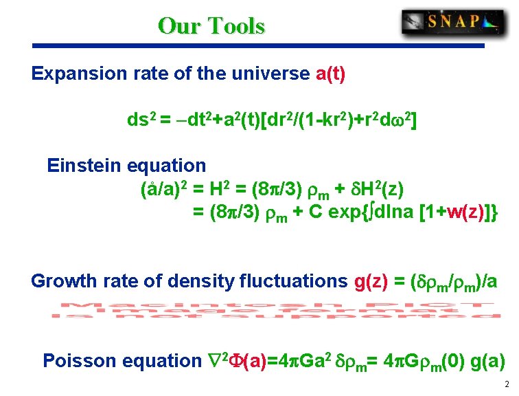 Our Tools Expansion rate of the universe a(t) ds 2 = dt 2+a 2(t)[dr