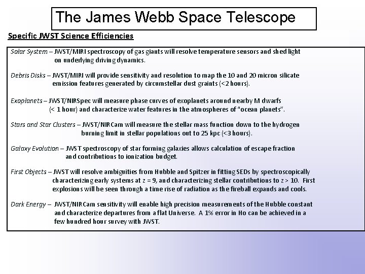 The James Webb Space Telescope Specific JWST Science Efficiencies Solar System – JWST/MIRI spectroscopy