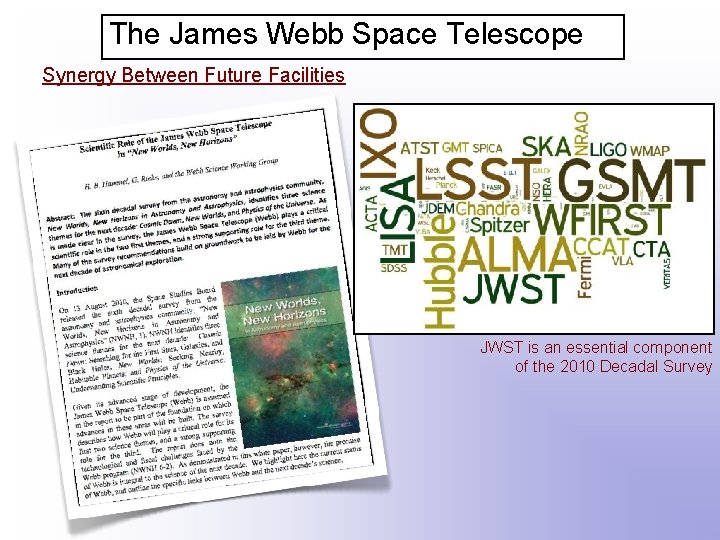 The James Webb Space Telescope Synergy Between Future Facilities JWST is an essential component