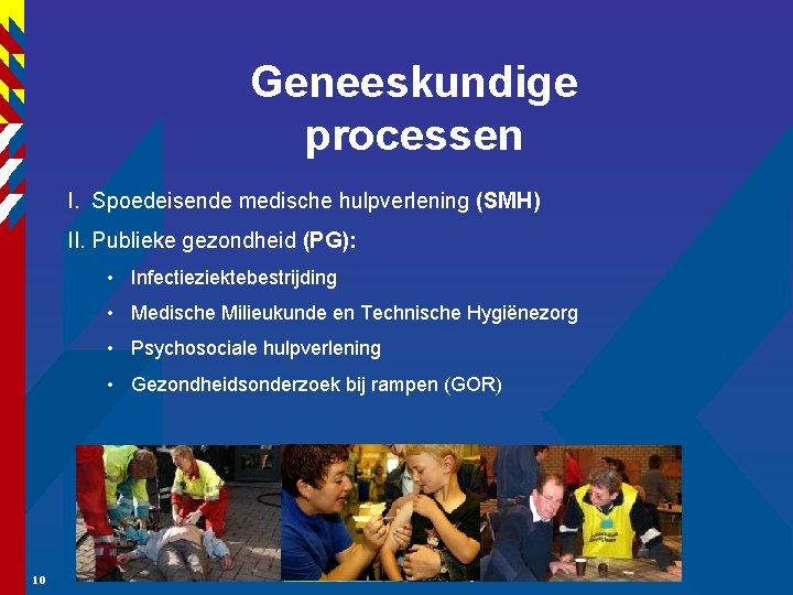 Geneeskundige processen I. Spoedeisende medische hulpverlening (SMH) II. Publieke gezondheid (PG): • Infectieziektebestrijding •