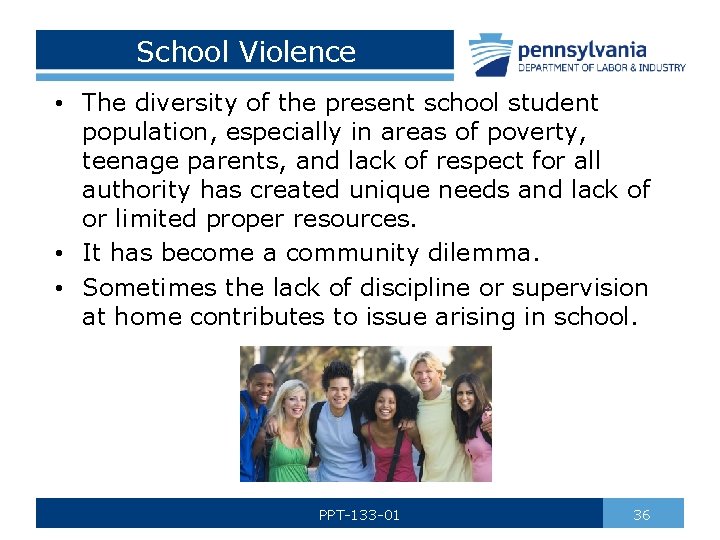 School Violence • The diversity of the present school student population, especially in areas