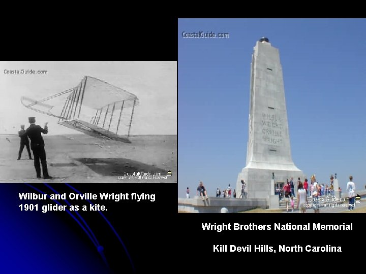 Wilbur and Orville Wright flying 1901 glider as a kite. Wright Brothers National Memorial