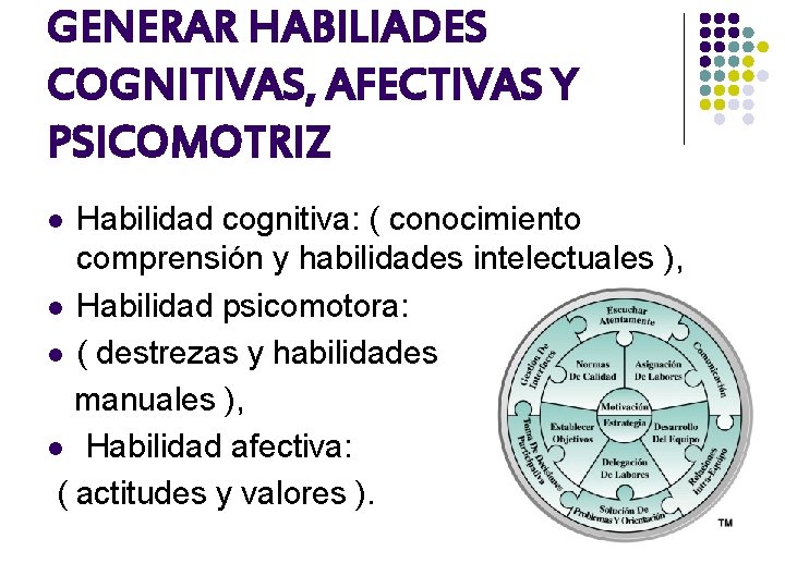 GENERAR HABILIADES COGNITIVAS, AFECTIVAS Y PSICOMOTRIZ Habilidad cognitiva: ( conocimiento comprensión y habilidades intelectuales