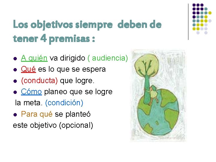 Los objetivos siempre deben de tener 4 premisas : A quién va dirigido (