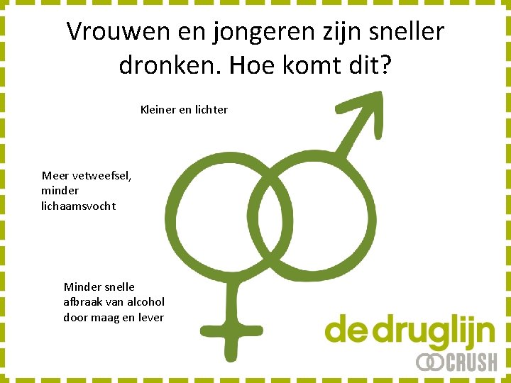 Vrouwen en jongeren zijn sneller dronken. Hoe komt dit? Kleiner en lichter Meer vetweefsel,