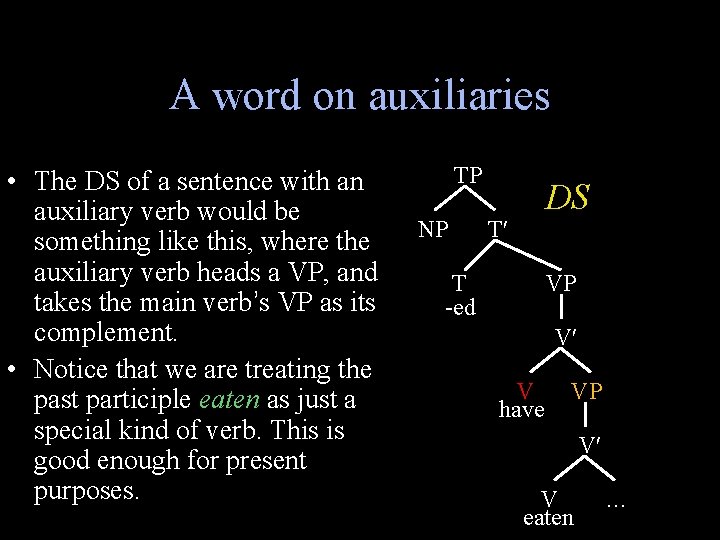 A word on auxiliaries • The DS of a sentence with an auxiliary verb