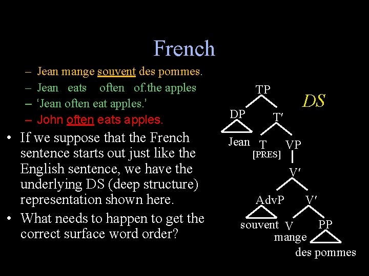 French – – Jean mange souvent des pommes. Jean eats often of. the apples