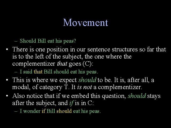 Movement – Should Bill eat his peas? • There is one position in our