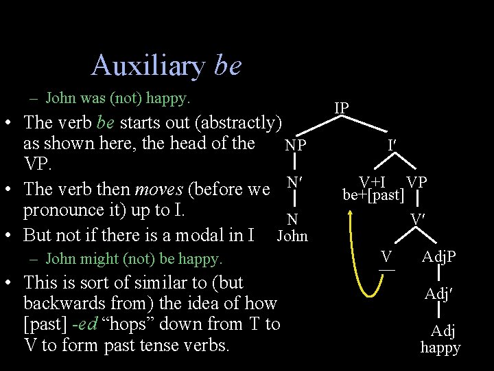 Auxiliary be – John was (not) happy. • The verb be starts out (abstractly)