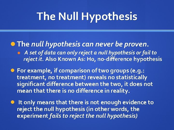 The Null Hypothesis The null hypothesis can never be proven. A set of data