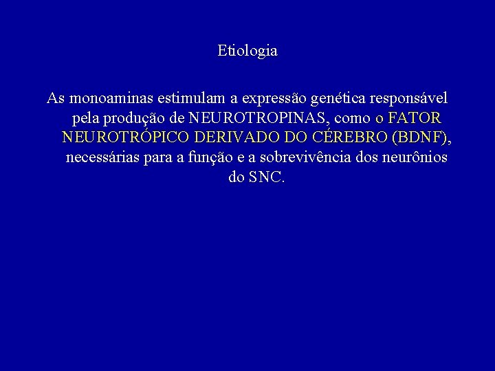 Etiologia As monoaminas estimulam a expressão genética responsável pela produção de NEUROTROPINAS, como o