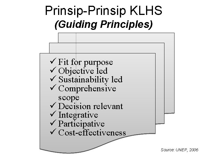 Prinsip-Prinsip KLHS (Guiding Principles) ü Fit for purpose ü Objective led ü Sustainability led