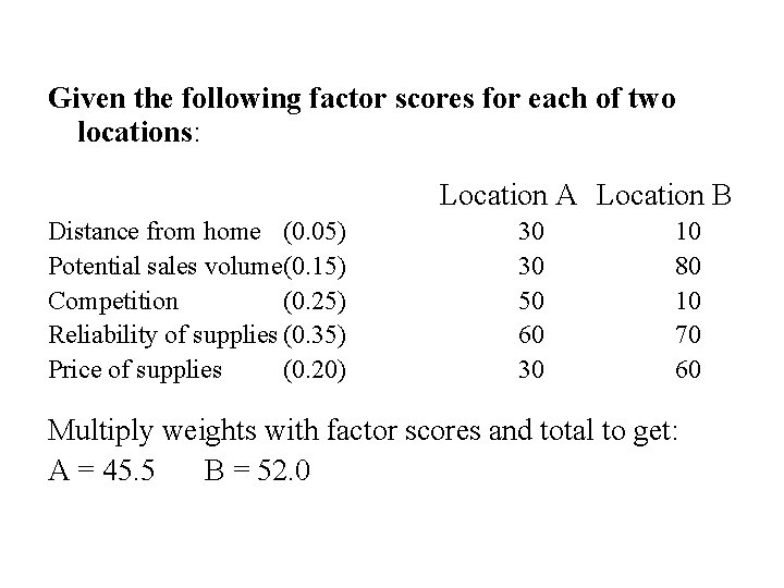 Given the following factor scores for each of two locations: Location A Location B