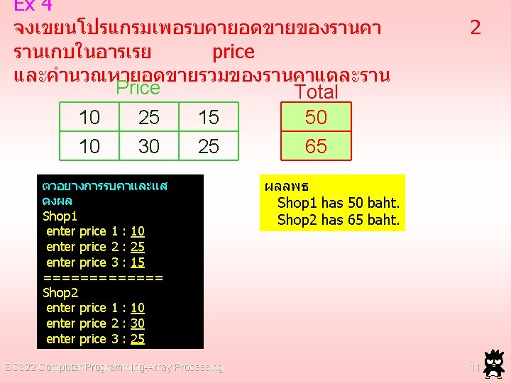 Ex 4 จงเขยนโปรแกรมเพอรบคายอดขายของรานคา รานเกบในอารเรย price และคำนวณหายอดขายรวมของรานคาแตละราน Price Total 10 25 15 50 10 30