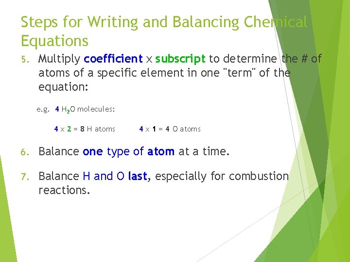 Steps for Writing and Balancing Chemical Equations 5. Multiply coefficient x subscript to determine