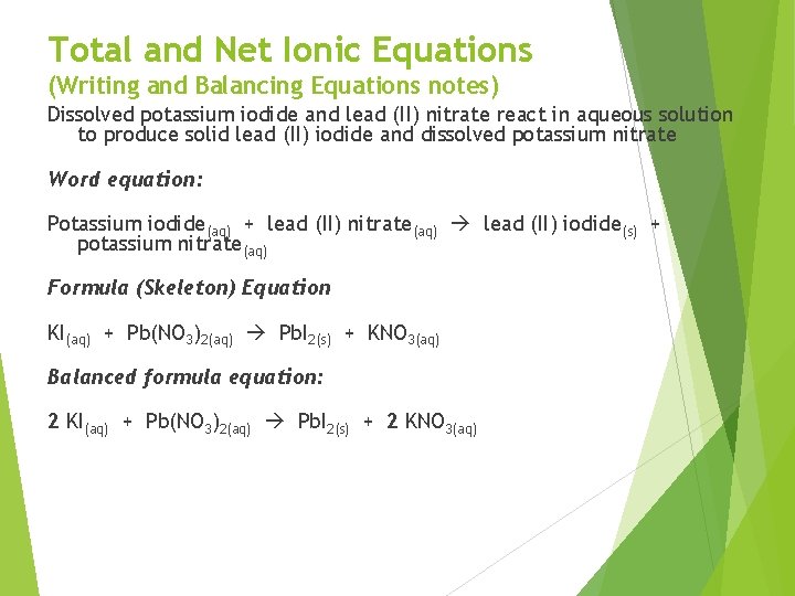 Total and Net Ionic Equations (Writing and Balancing Equations notes) Dissolved potassium iodide and