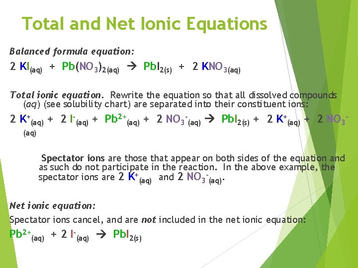 Total and Net Ionic Equations Balanced formula equation: 2 KI(aq) + Pb(NO 3)2(aq) Pb.