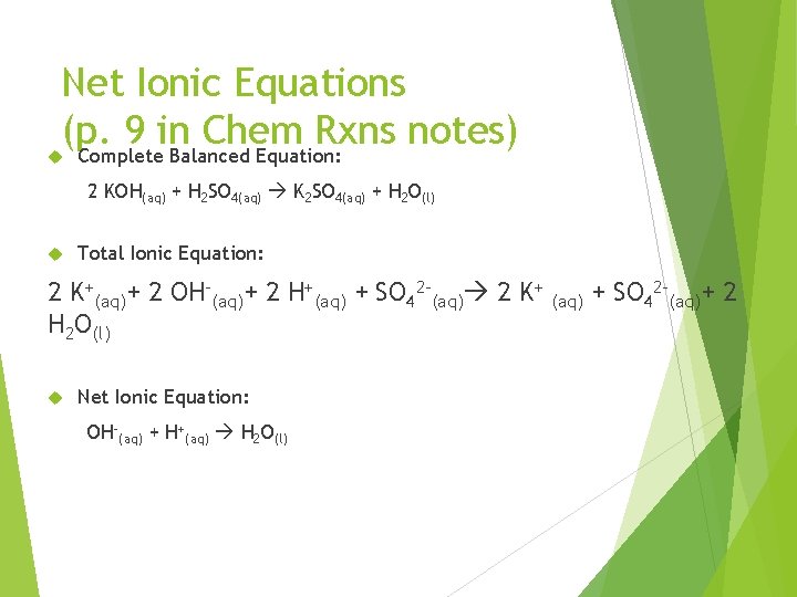 Net Ionic Equations (p. 9 in Chem Rxns notes) Complete Balanced Equation: 2 KOH(aq)