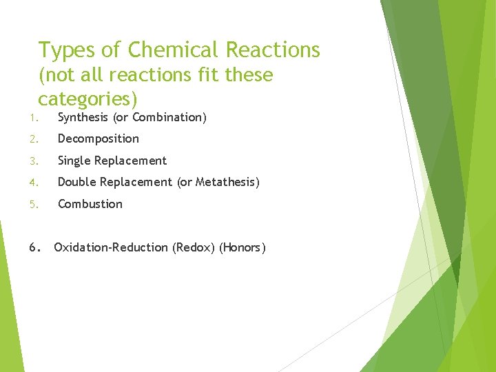 Types of Chemical Reactions (not all reactions fit these categories) 1. Synthesis (or Combination)