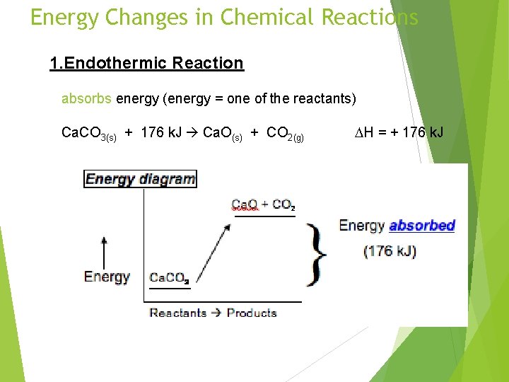 Energy Changes in Chemical Reactions 1. Endothermic Reaction absorbs energy (energy = one of