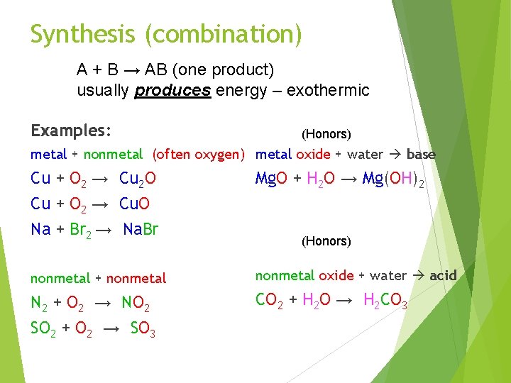 Synthesis (combination) A + B → AB (one product) usually produces energy – exothermic
