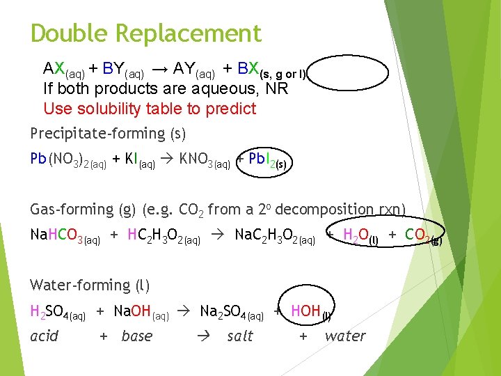 Double Replacement AX(aq) + BY(aq) → AY(aq) + BX(s, g or l) If both