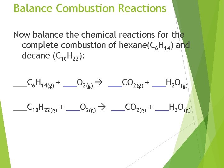 Balance Combustion Reactions Now balance the chemical reactions for the complete combustion of hexane(C