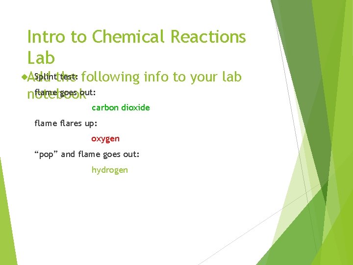 Intro to Chemical Reactions Lab Splintthe test: following info to your lab Add flame