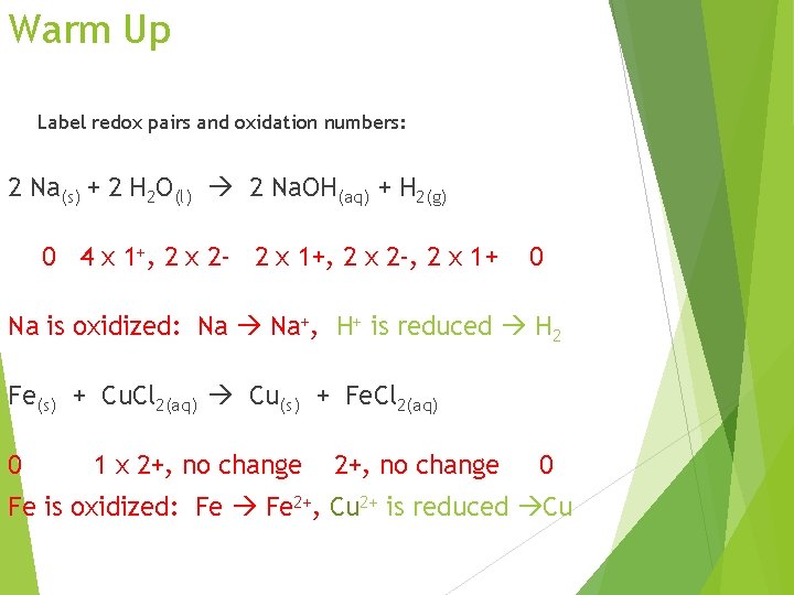 Warm Up Label redox pairs and oxidation numbers: 2 Na(s) + 2 H 2