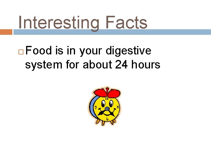 Interesting Facts Food is in your digestive system for about 24 hours 