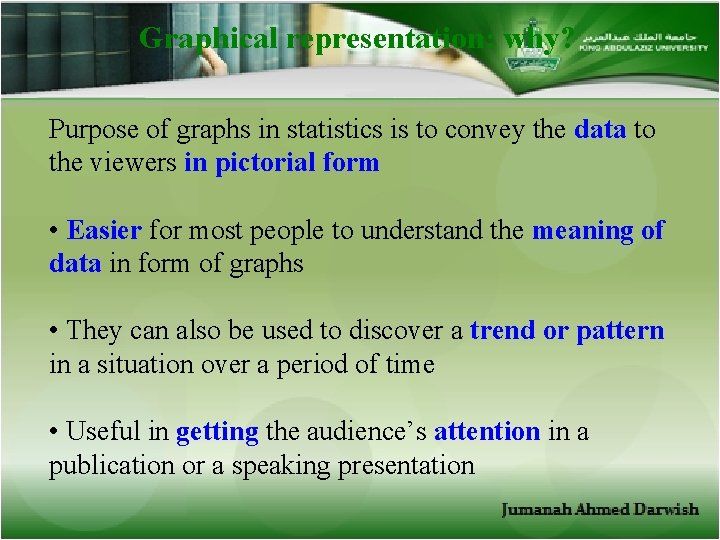 Graphical representation: why? Purpose of graphs in statistics is to convey the data to
