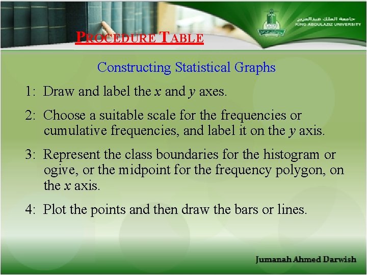 PROCEDURE TABLE Constructing Statistical Graphs 1: Draw and label the x and y axes.
