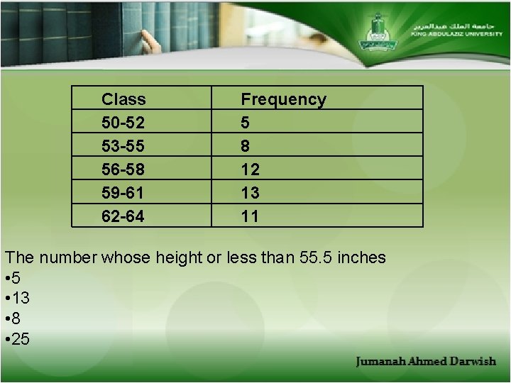 Class 50 -52 53 -55 56 -58 59 -61 62 -64 Frequency 5 8